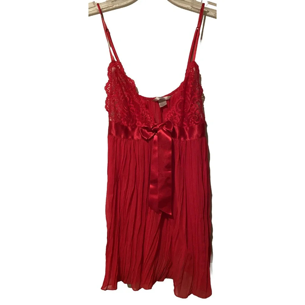 Vtg Victoria's Secret Babydoll Lingerie Sheer Lace Red Satin Bow Sexy Women's M